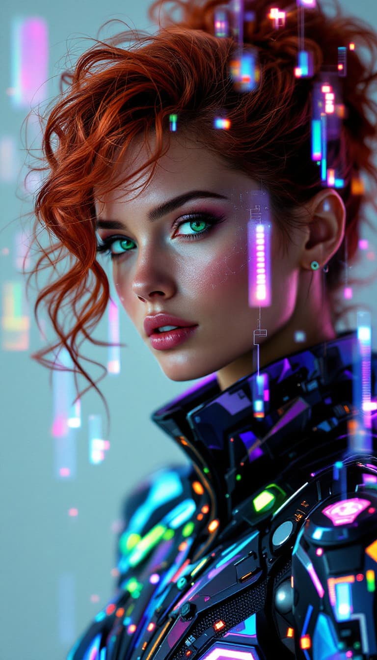 AI generated: An ultra-realistic, full-body portrait of a captivating quantum mechanic woman, radiating intellectu...