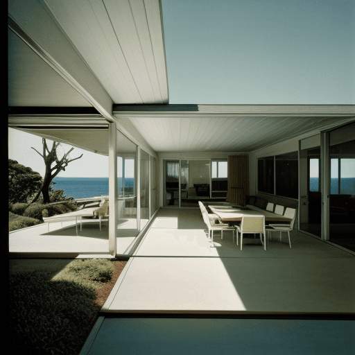 AI generated: Hyper realistic eye level exterior photo of a mid century modern style house overlooking the ocean, ...