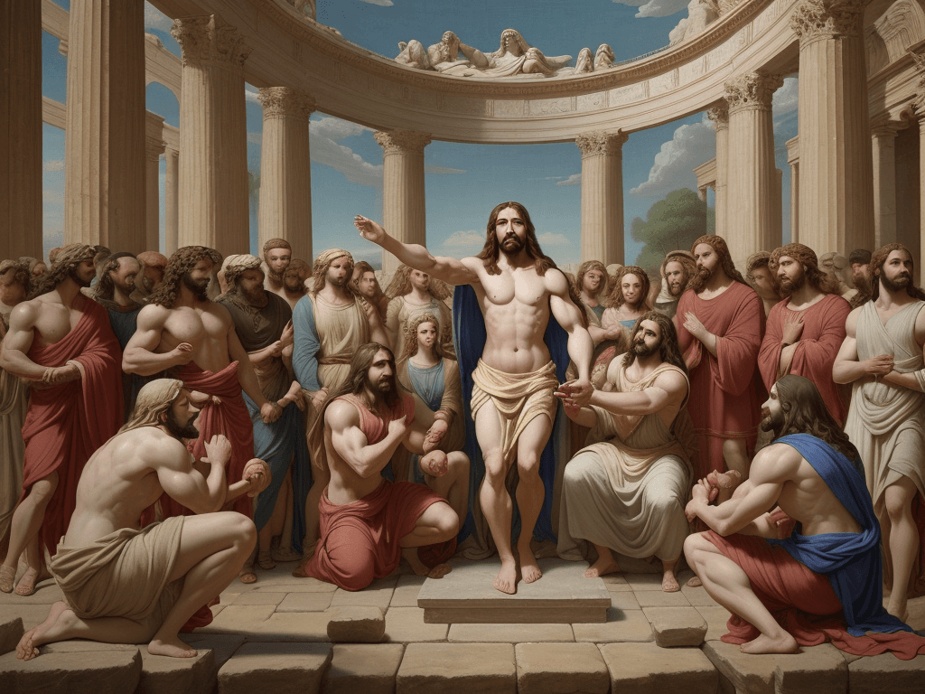 AI generated: A grand allegorical painting depicting a contest of miracles between Jesus and Hercules, set in an a...