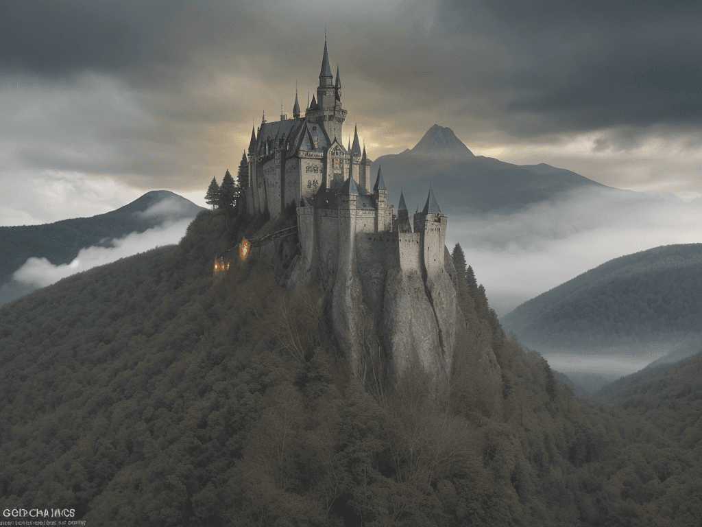 AI generated: A hammer studios Dracula’s films castle. Dense foliage with varied tree species, including deciduous...