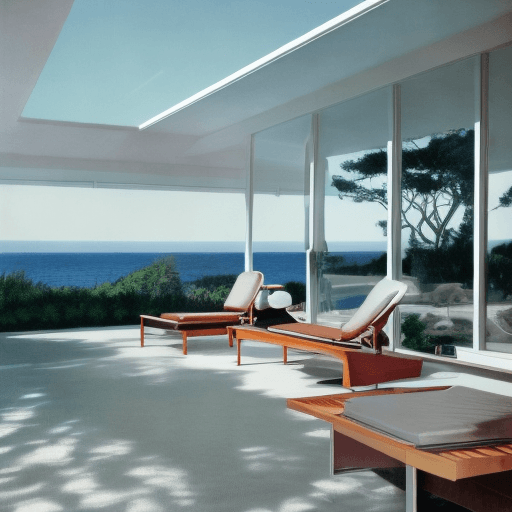 AI generated: Hyper realistic eye level exterior photo of a mid century modern style house overlooking the ocean, ...