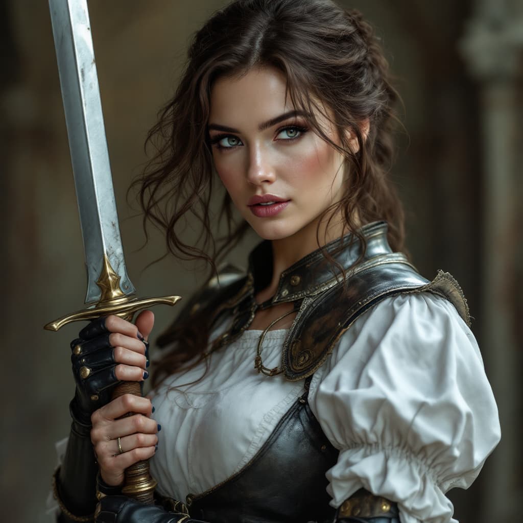 AI generated: mature nurse brunette medieval armor   full body and weapon
