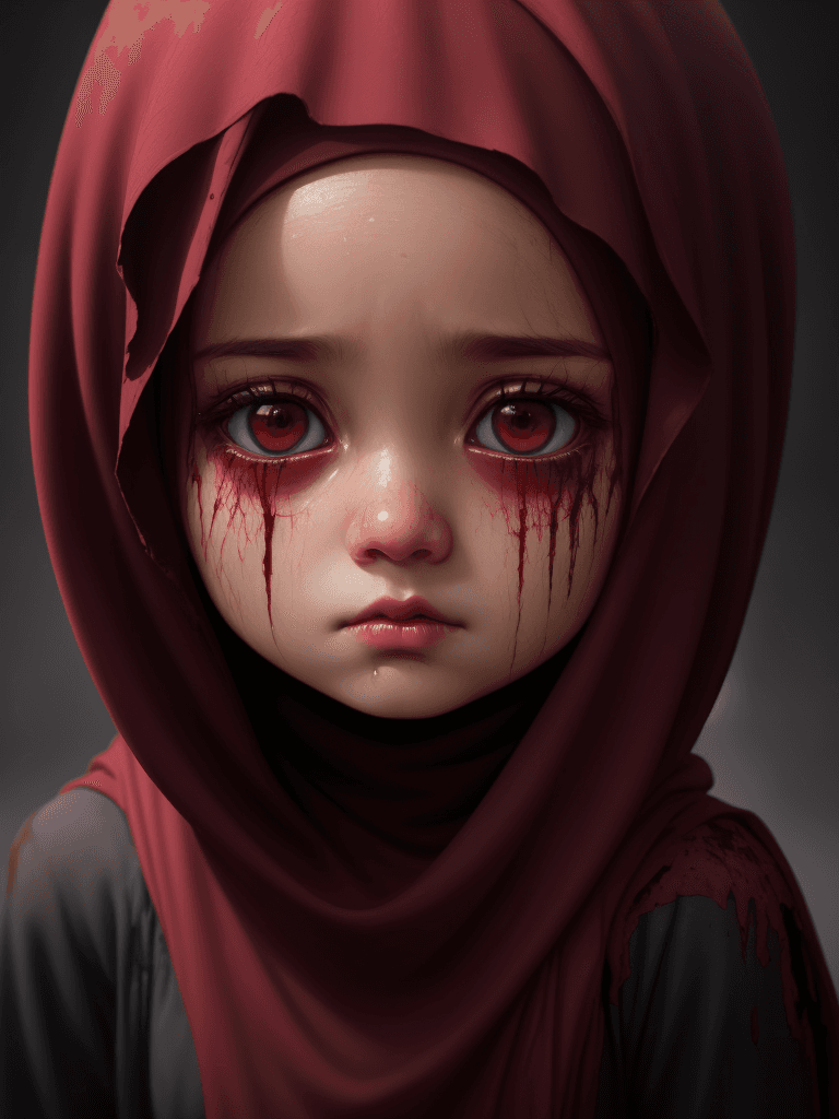 AI generated: an overflow of dark red liquid flowed and drenched the entire head and face of the cute little girl,...