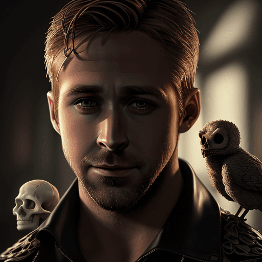 AI generated: God close-up portrait ribcagel. Ryan Gosling appreciating a collection of skulls, creatures, intrica...