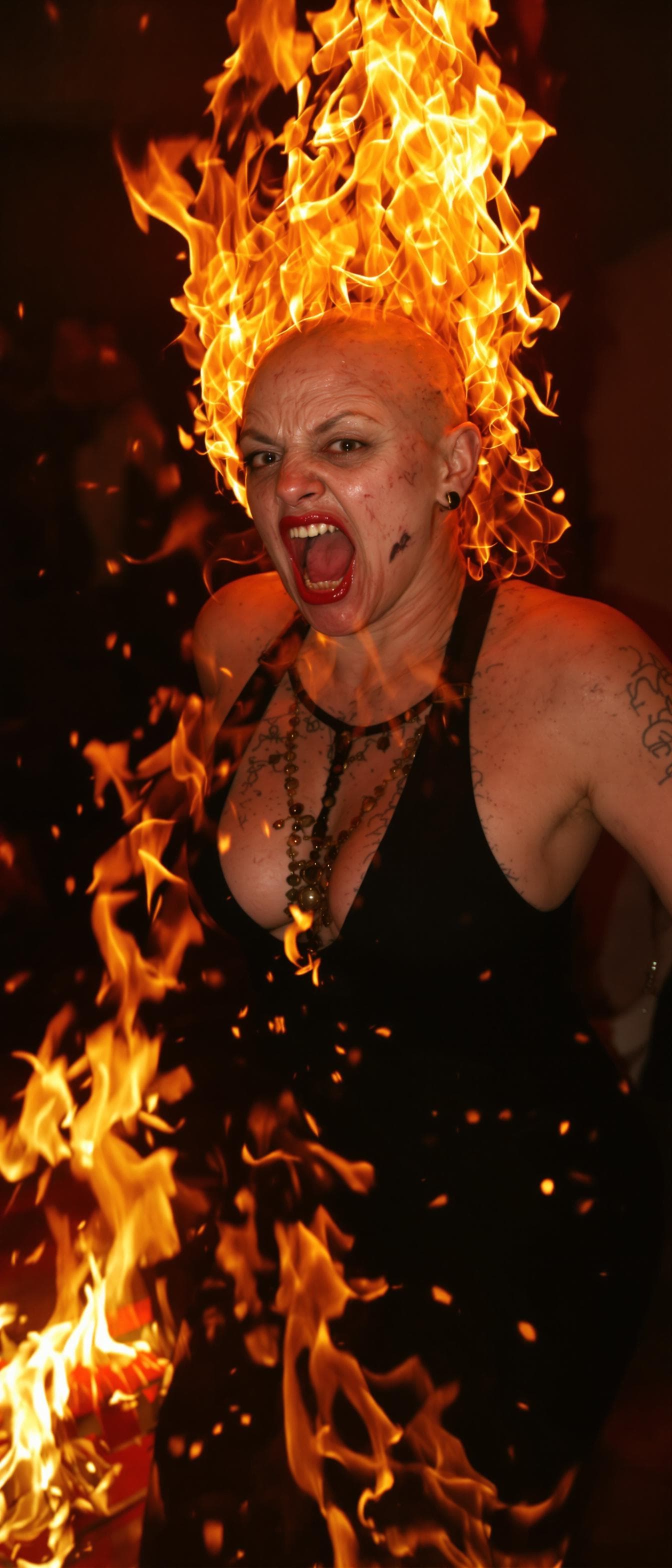 AI generated: An ugly face woman with ugly body  dancing in a party . She is burning in fire . She is bald . She h...