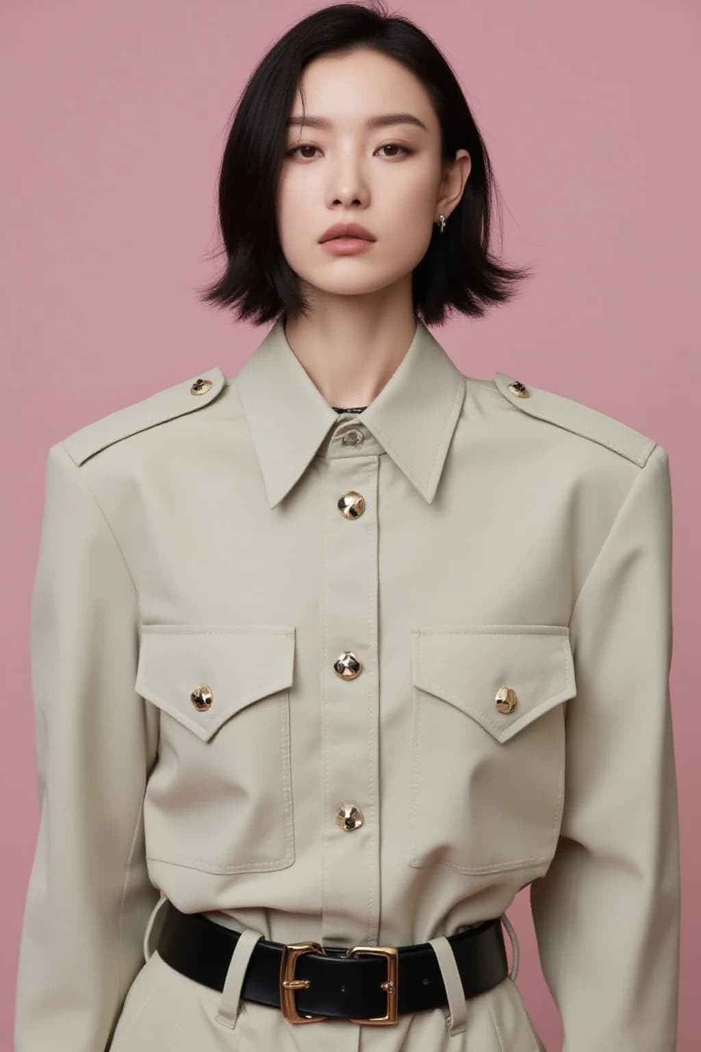 AI generated: A woman stands against a soft pink background, exuding a modern and sophisticated vibe. Her short, s...