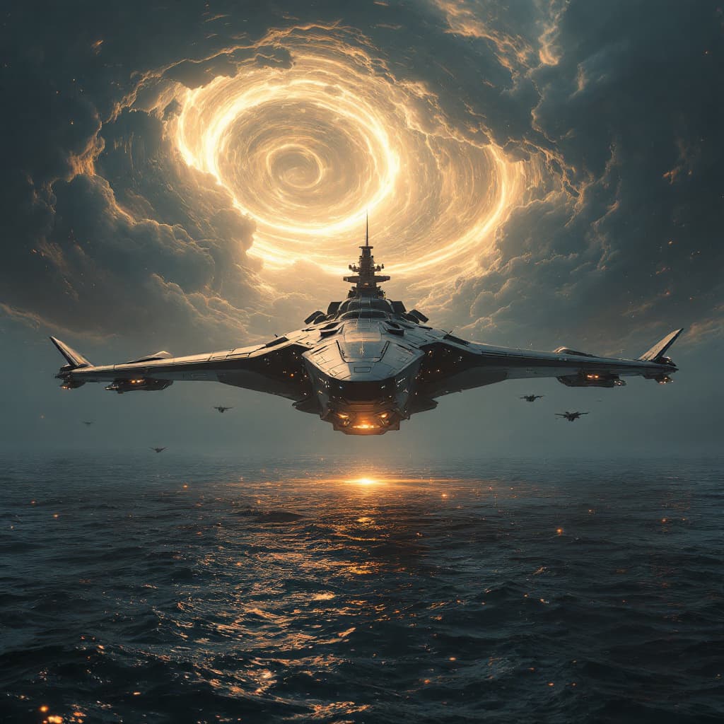 AI generated: A futuristic military drone mothership in the ocean launching drones towards the coast, 3 d render, ...