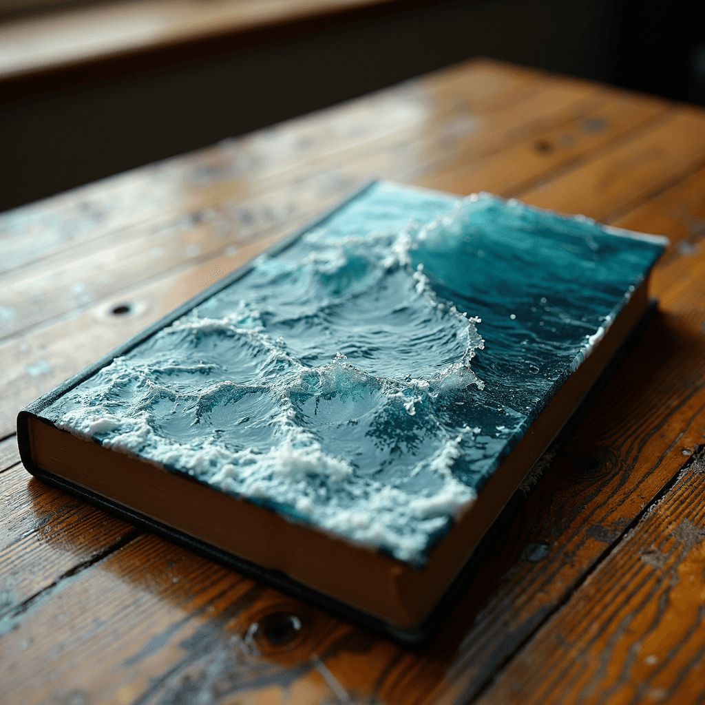 AI generated: A closed book lies on a wooden table, its cover holding a truly lifelike ocean. Waves ripple gently ...