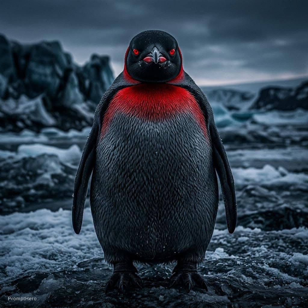 AI generated: A dramatic, hyper-realistic macro portrait of an Emperor Penguin. The penguin is rendered in a dark,...