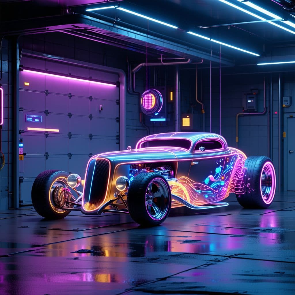 AI generated: Create a picture of a 1950's hot rod that is redesigned for today, blending classic vintage aestheti...