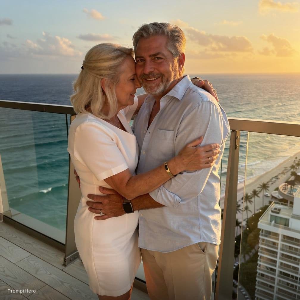 AI generated: Sexy older couple in romantic embrace on balcony.