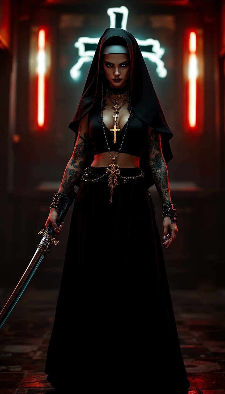 AI generated: Full body view of a young beautiful tattooed nun with a modern twist. She wears traditional nun atti...