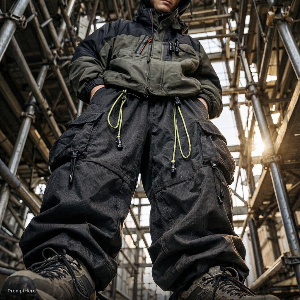 AI generated: photorealistic, wide angle, toe to head composition, distorted, street style of fashion, man model, ...