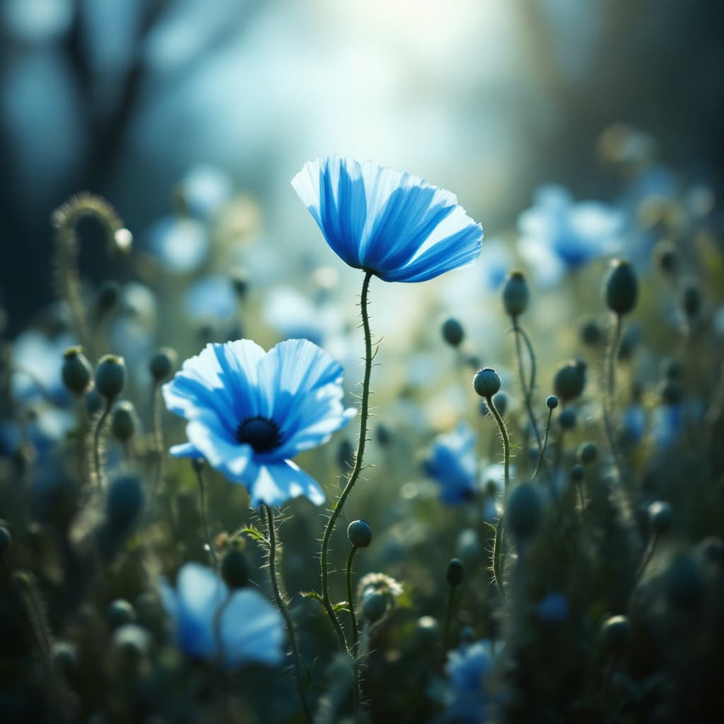 AI generated: A blue beautiful land of blue delicate poppies swaying in a surreal world