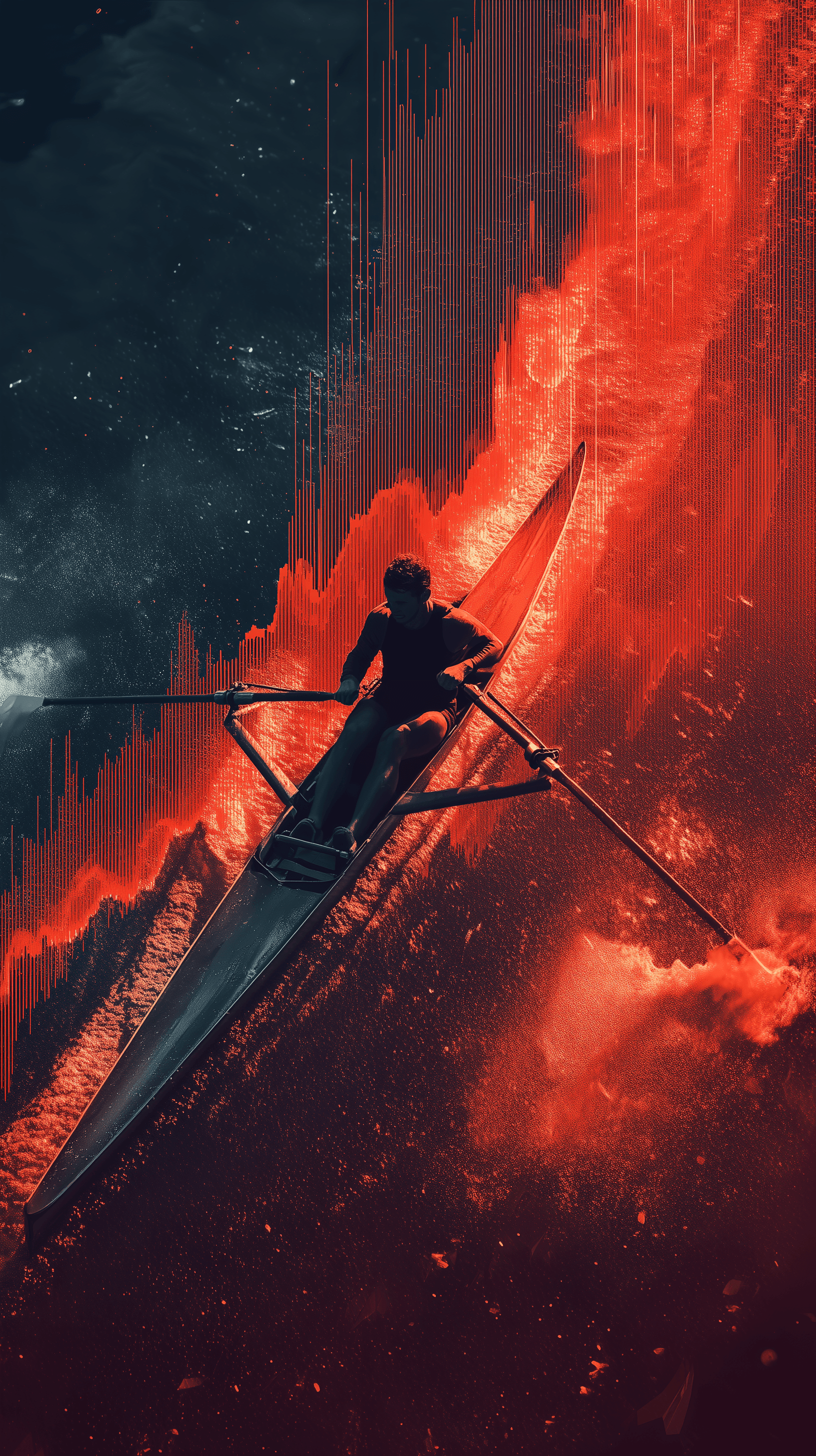 AI generated: conceptual art, rowing man, fragments electric waveform, streaked with infrared magma red rim light,...