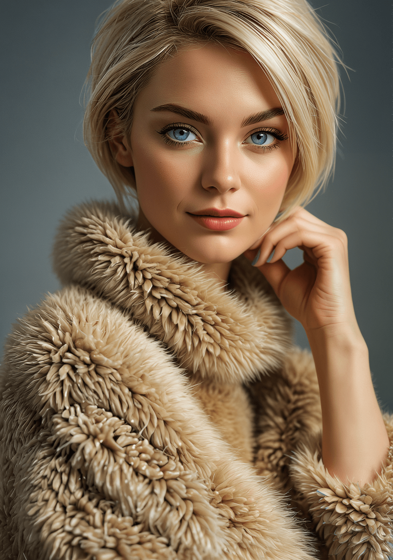AI generated: (masterpiece:1.1), (ultra hi res:1.2), picture of a woman, (fur sweater), only latex pants, (blue) e...