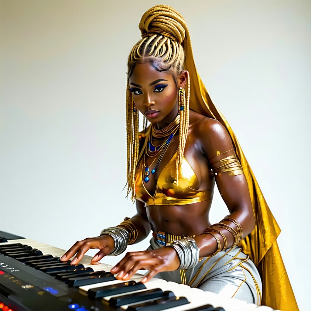 AI generated: african blonde Woman 18 years old, yes, sculpture body, blue eyes, (detailed gold clothing:1.2), (bo...