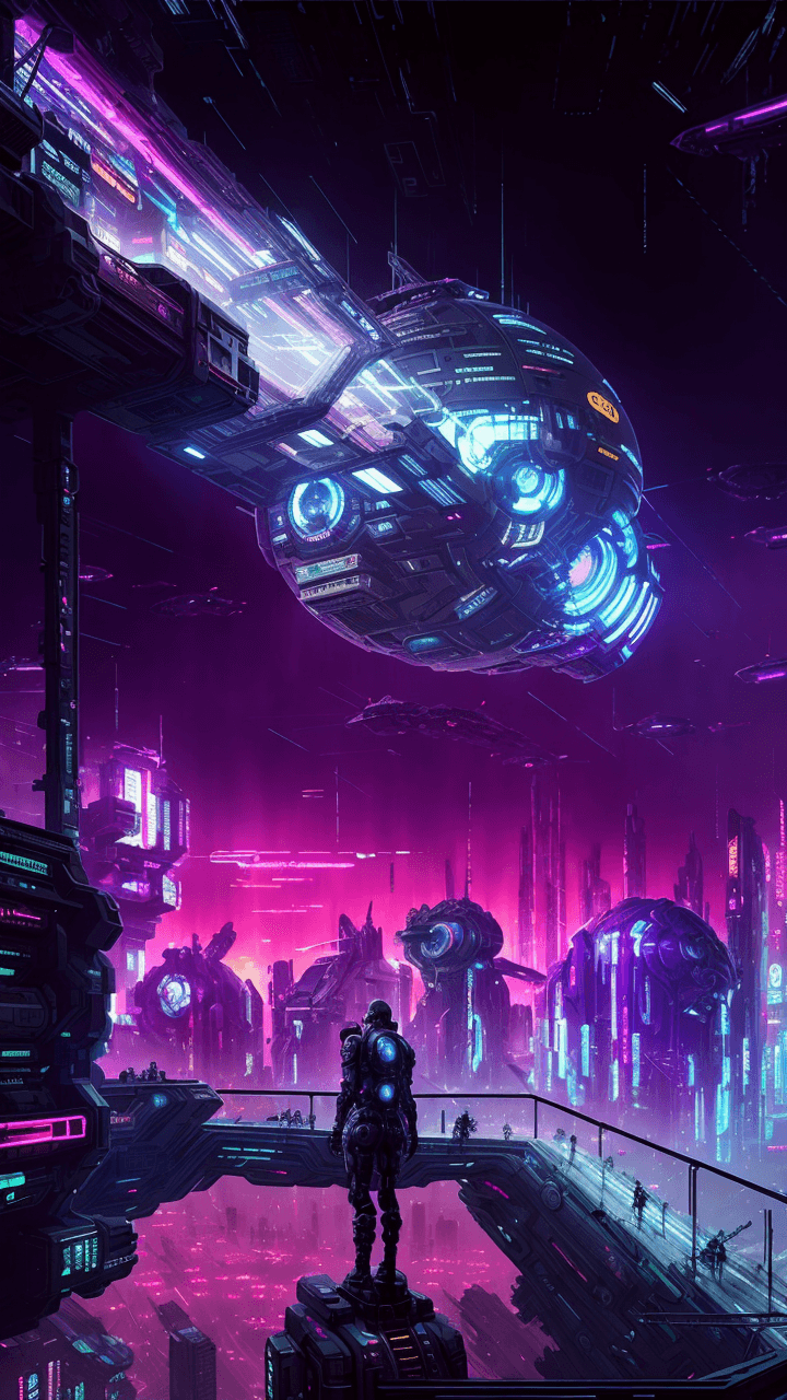 AI generated: cyberpunk style, futuristic, dystopian, population gathering below gigantic rectangular deep-onyx co...
