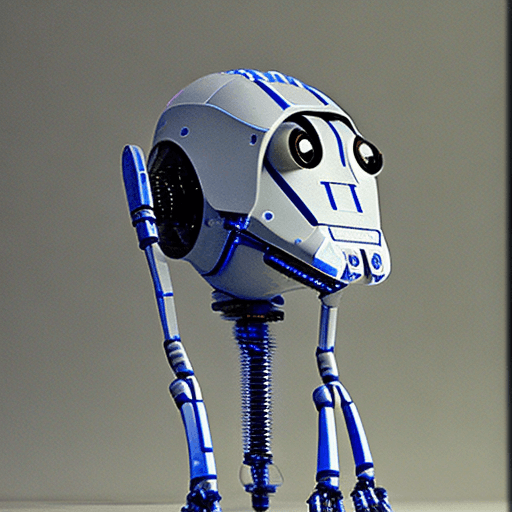 AI generated: arachnid robot, long top droid head, blue & white color, no arms, four long legs without fingers