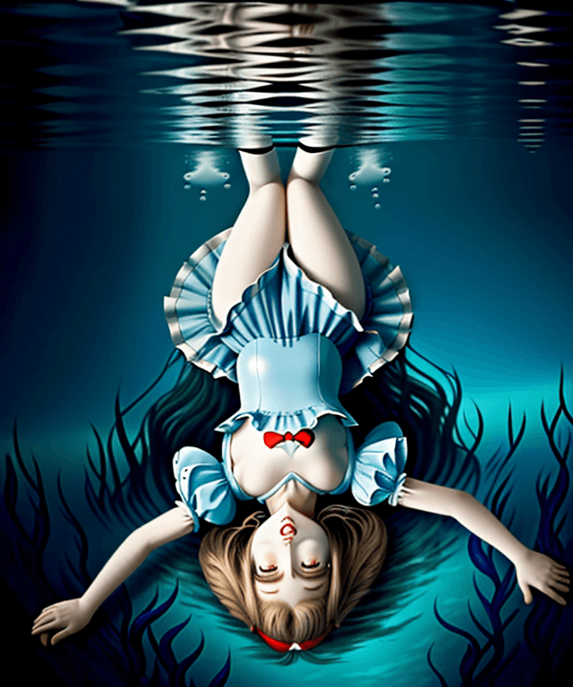 AI generated: alice from alice in wonderland laying horizontally under water, her chest and head facing upward, th...
