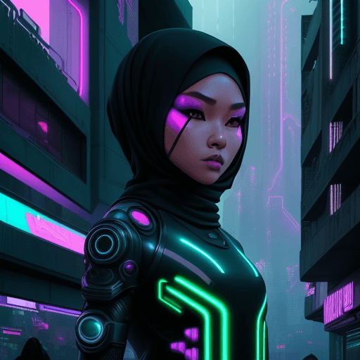 AI generated: A Malay girl wearing tudung of the future, futuristic design, electronic artwork, manga character, t...