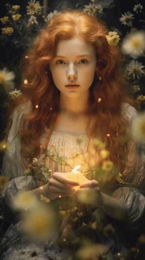AI generated: a delicate freckle on a rosy-cheeked face, curly auburn hair, in whimsical tulip-patterned cotton dr...