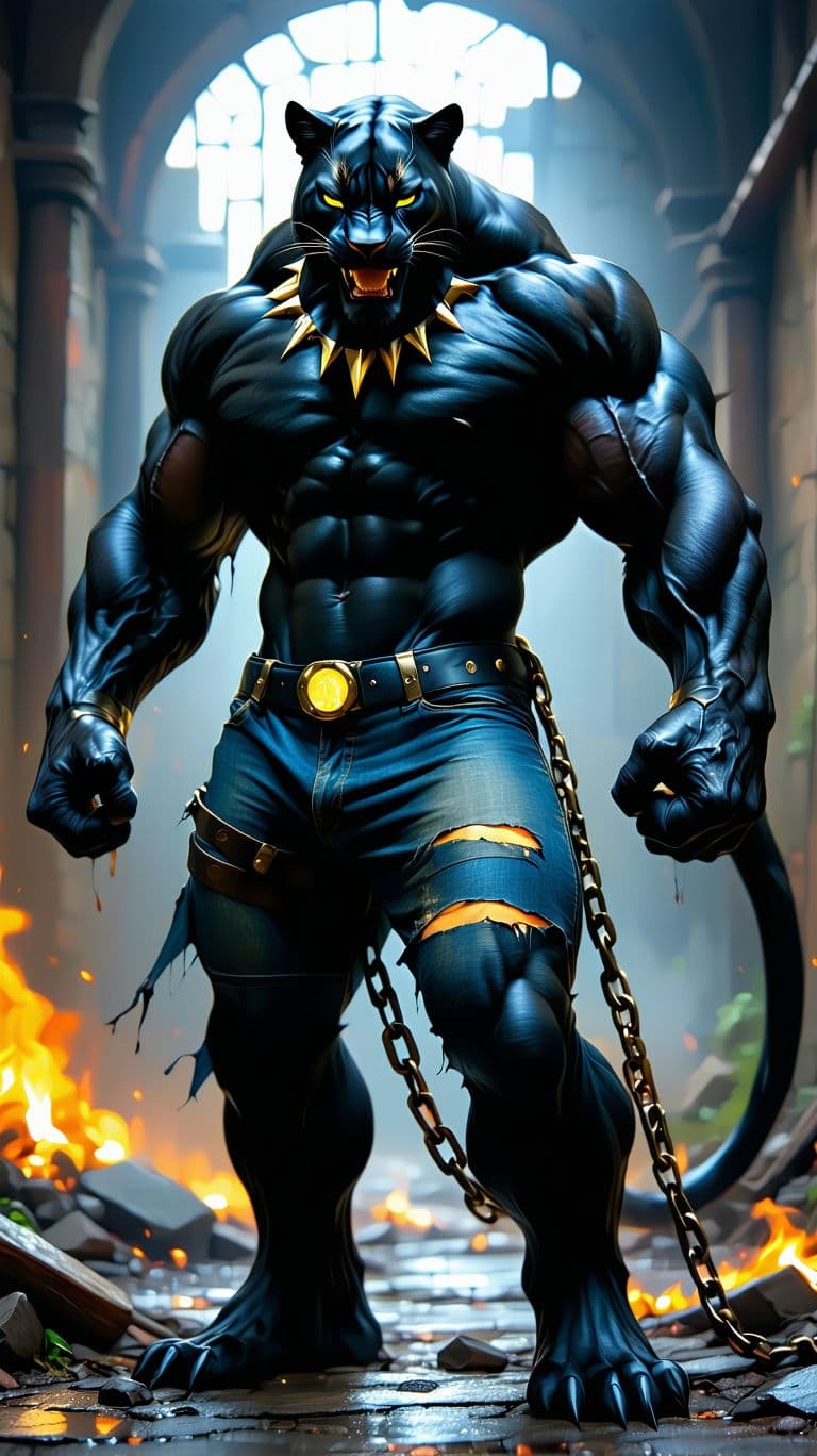 AI generated: A powerful humanoid black panther with extreme muscle definition, glowing yellow eyes, and a menacin...