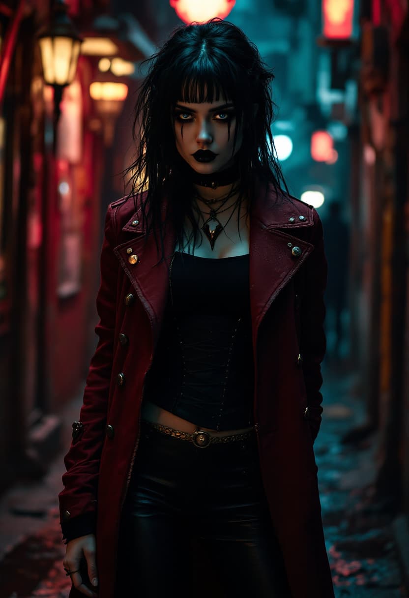 AI generated: In a dark dimly lit urban cyberpunk town back alley, an elegant 18yo Hungarian beautiful intimidatin...