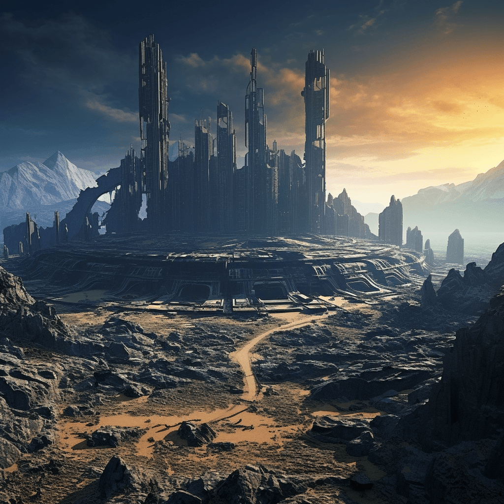 AI generated: Alien machinery, alien ruins, sci fi, landscape, science base on the surface of alien moon, future, ...