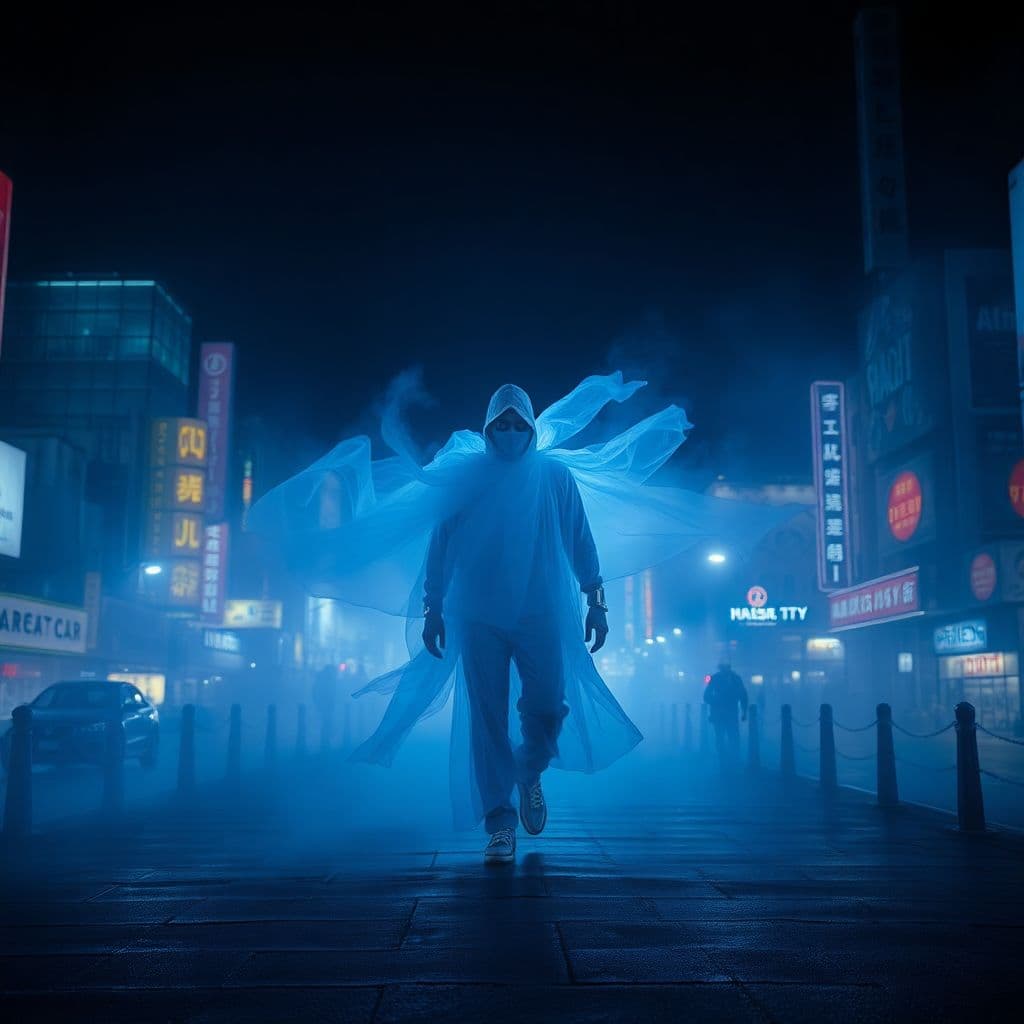 AI generated: A mysterious phantom figure walking through neon-lit fog, a shadow dissolving into the night. A lone...