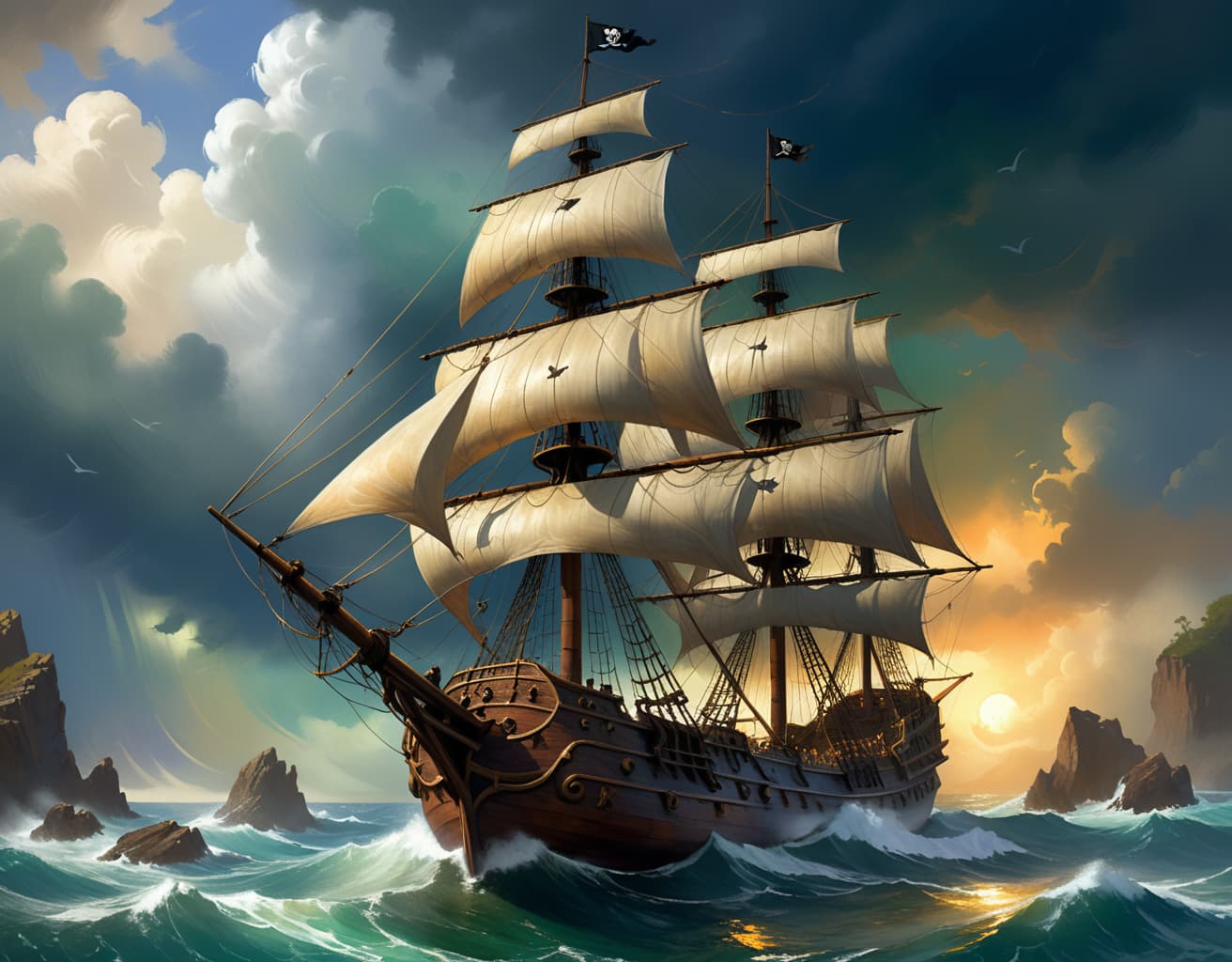 AI generated: <ti:SimplepositiveXLv1> Digital painting style, an ancient and weathered pirate ship, nautical, pira...
