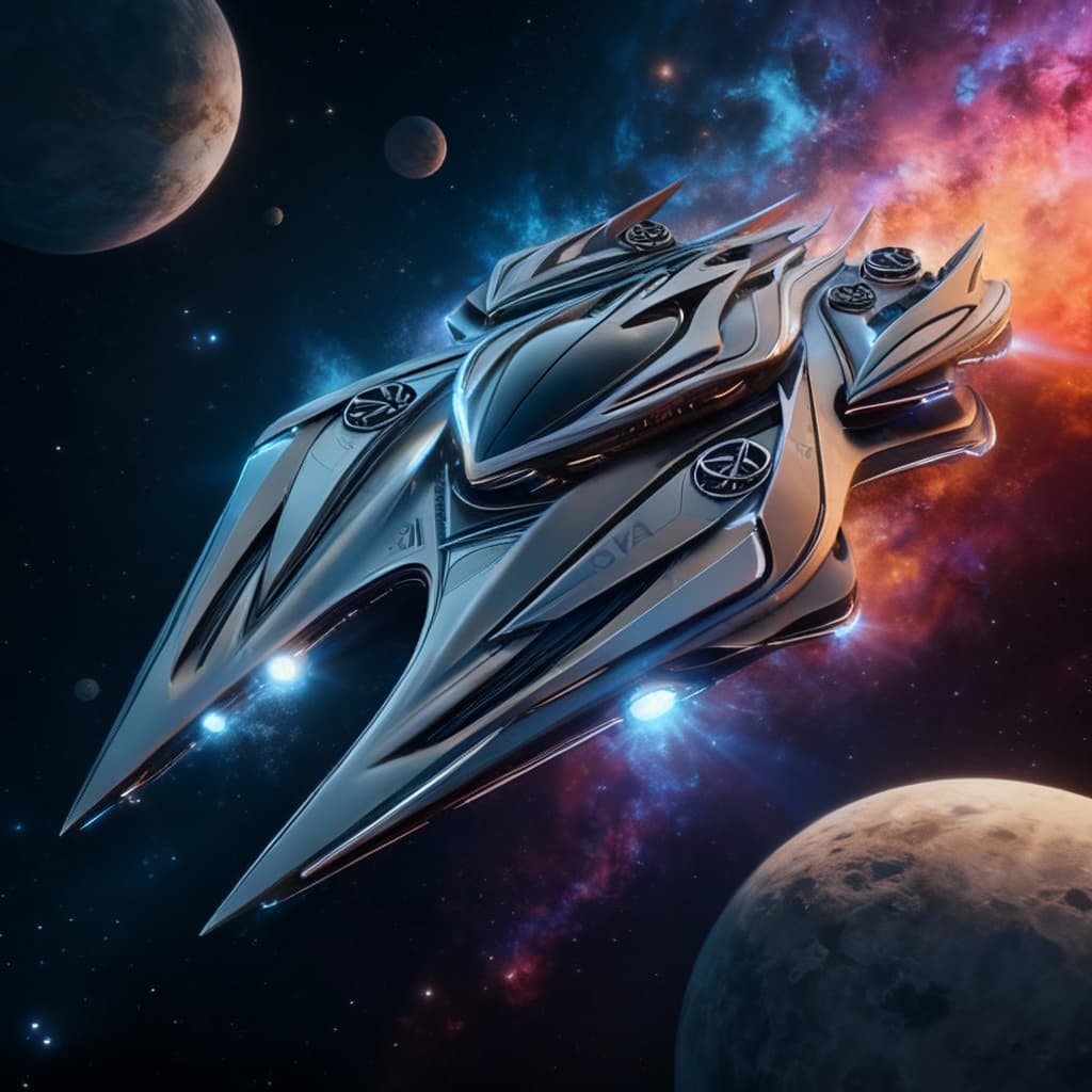 AI generated: Reimagine, in detail, the alien spaceship to show a new design. Reposition and add or change paint c...