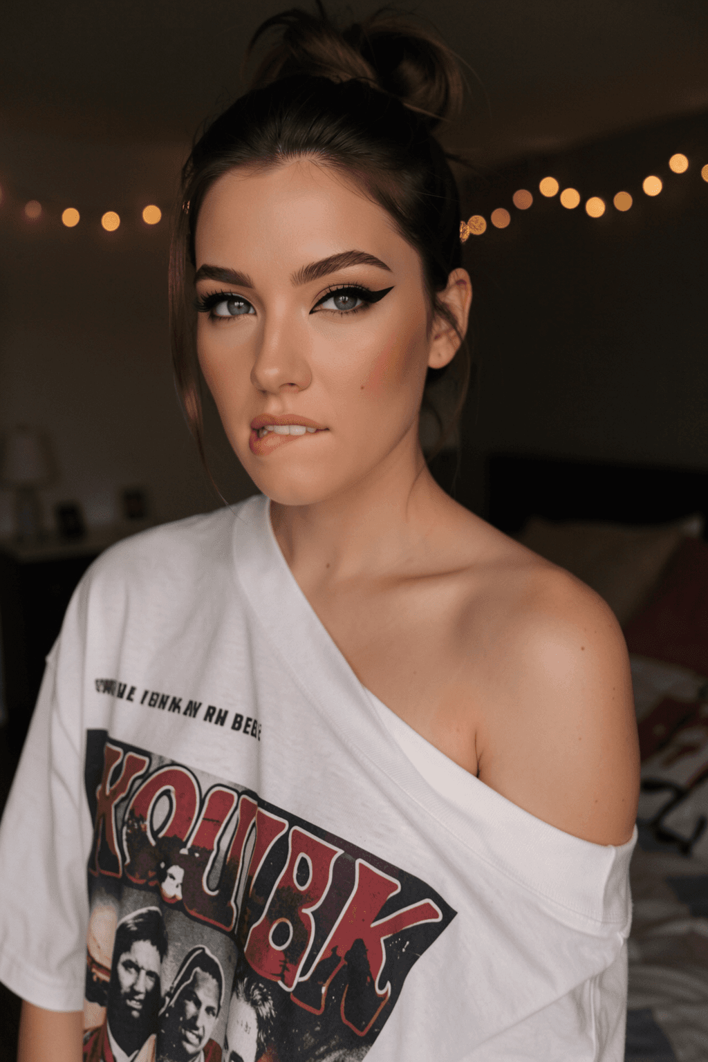A woman biting her lip