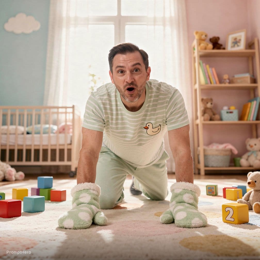 AI generated: an adult man in his 30s. he's crawling on the floor of a large baby nursery with mouth open with lip...