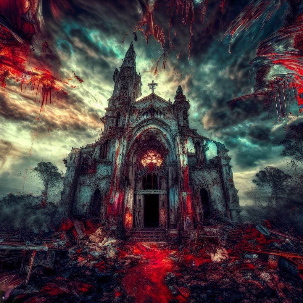 AI generated: An other worldly old abandoned cathedral, from the depths of hell, of the underworld, in a state of ...