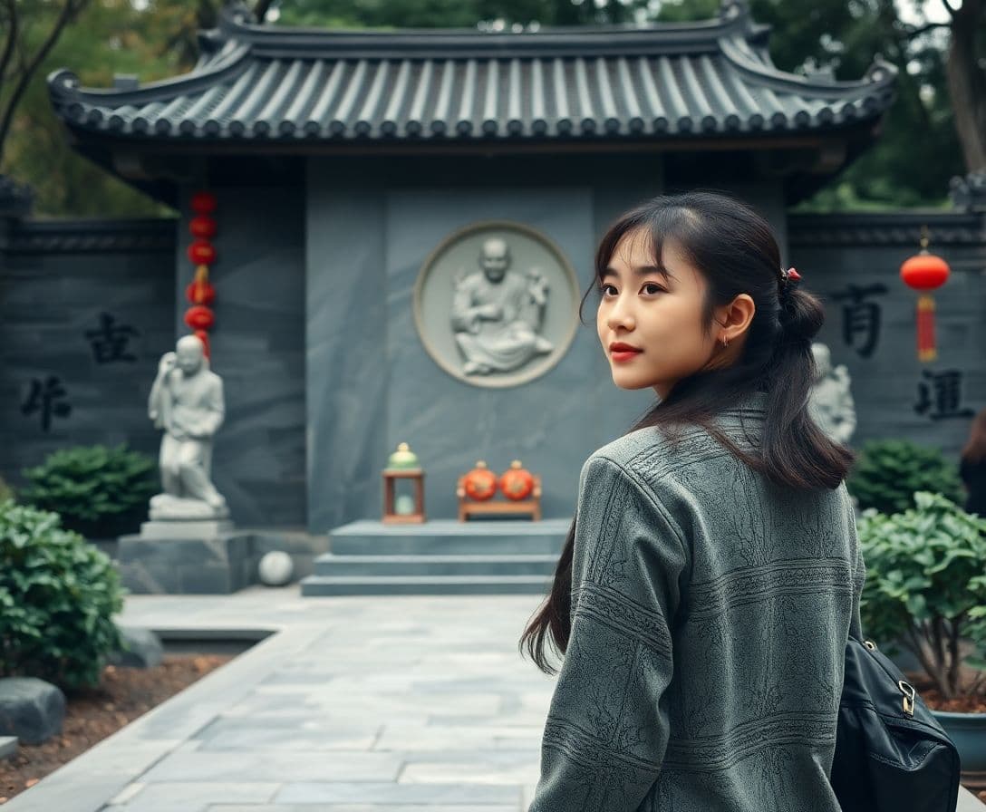 AI generated: A young Asian woman standing before her father's tomb
