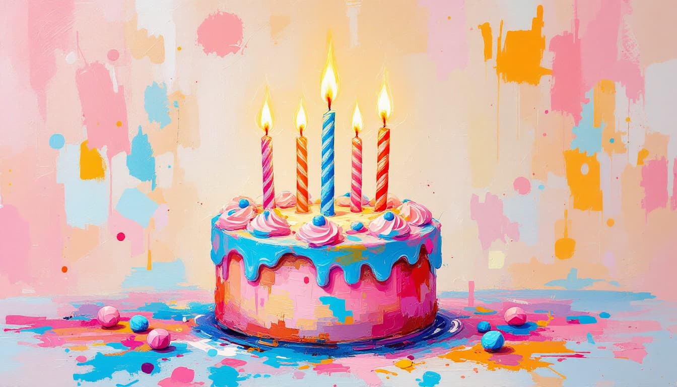 AI generated: A vibrant, abstract impressionist painting of a birthday cake with lit candles. The cake has pastel ...