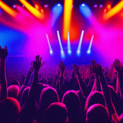 AI generated: wide angle cinematic photo top of concert crowd hands in the air, multi colored stage lights, 8k