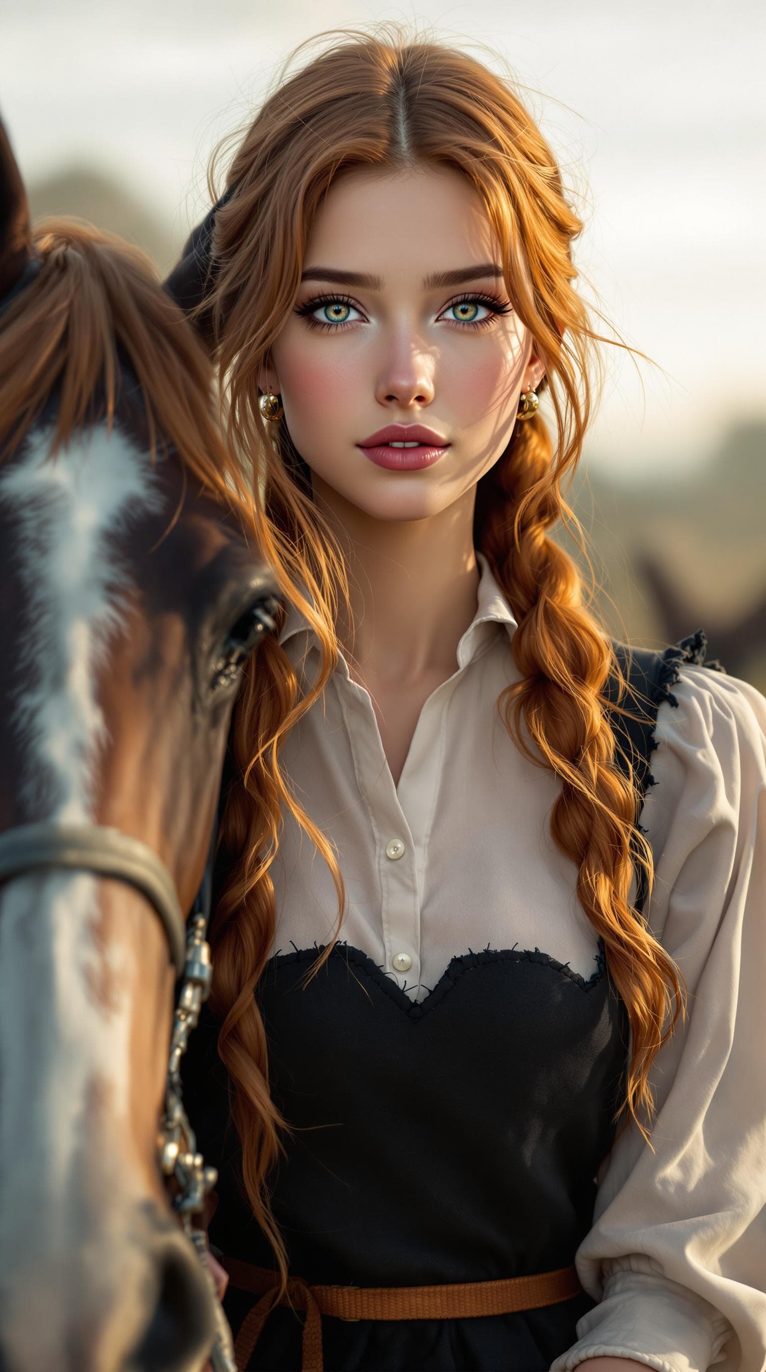 AI generated: A stunning professional portrait of an extraordinarily beautiful Mennonite girl, rendered with excep...