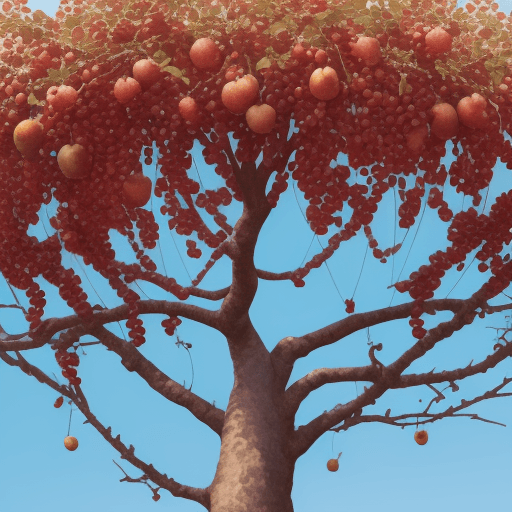AI generated: A charming image of a fruit tree in full harvest season. The tree must be full of ripe fruits, 

han...