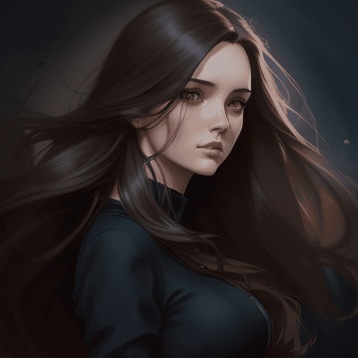 AI generated: a woman with long brown hair, in the style of charlie bowater, dark blue and dark black, michael gar...