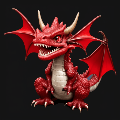 AI generated: a cute little dragon with very big teeth
color red
