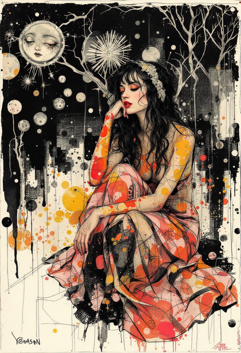 AI generated: pretty-young-wife-surreal-by-paul wunderlich-egon schiele-rudolf hausner-sketch art, night scene