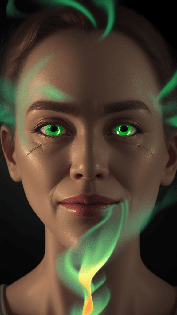 AI generated: Close-up of face of Joint lite up by green fire, Masterpiece, UHD, 8K