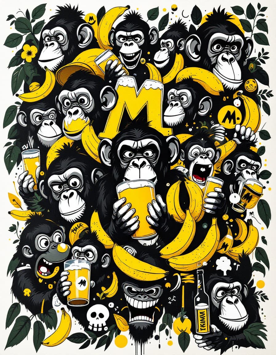 AI generated: An intricate and mainly black and white, and yellow and dark green, (two contrasting, extra colors f...