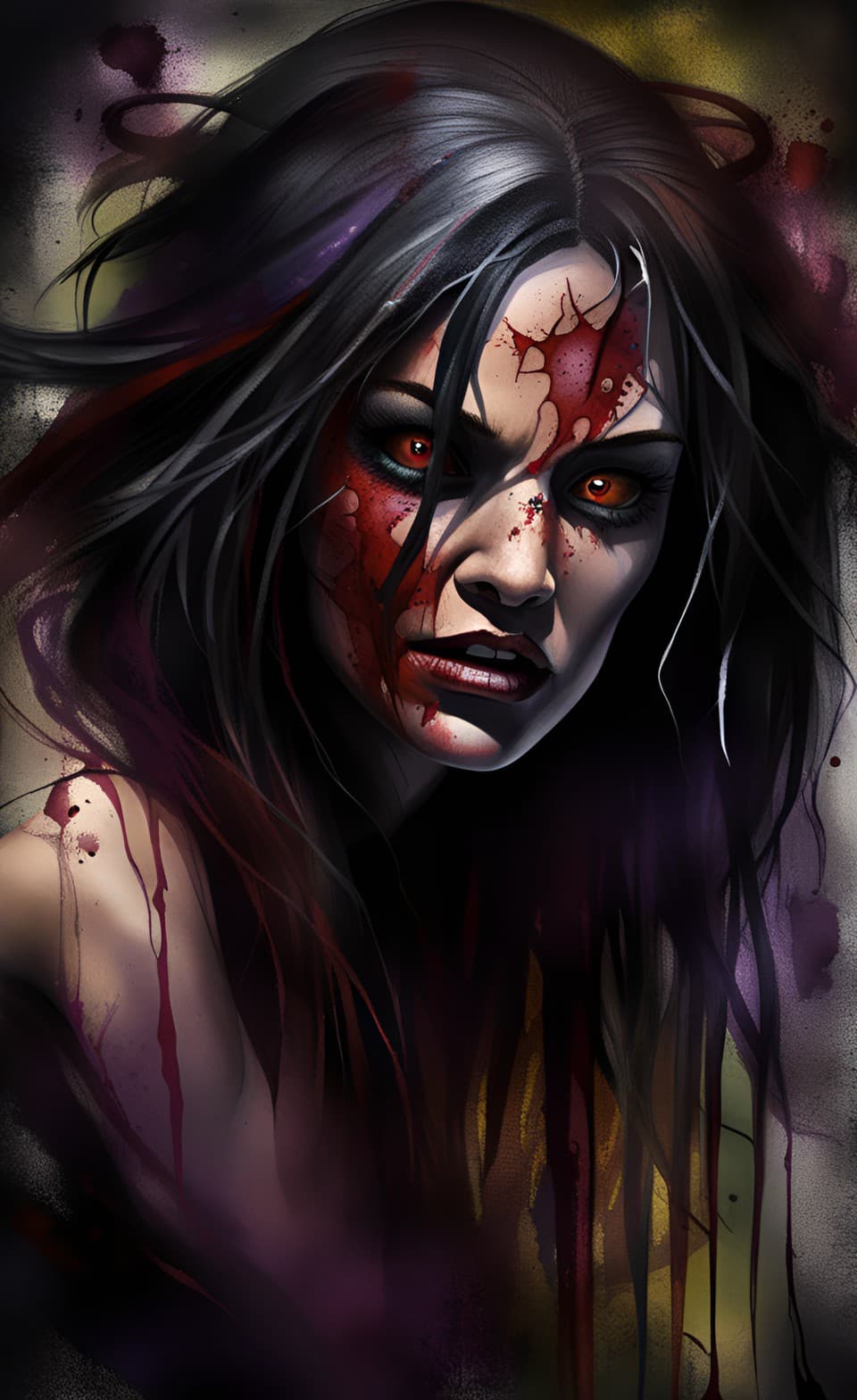 AI generated: A portrait of an insane crazy female with a disheveled appearance, long messy hair, wild eyes, and e...