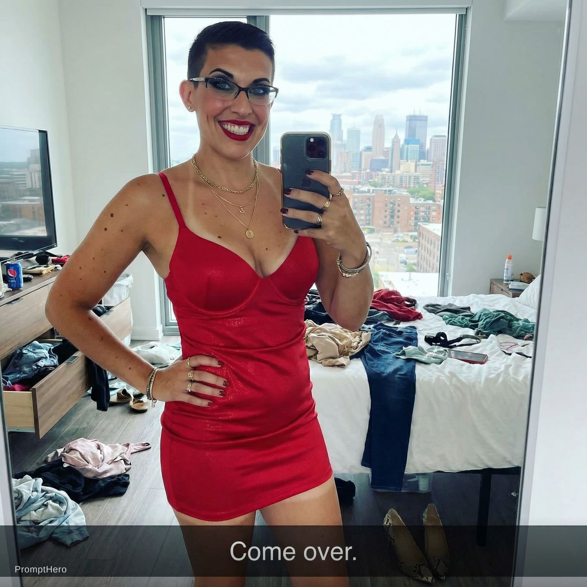AI generated: A white woman with an exceptionally  figure takes a mirror selfie in a modern, messy woman's bedroom...