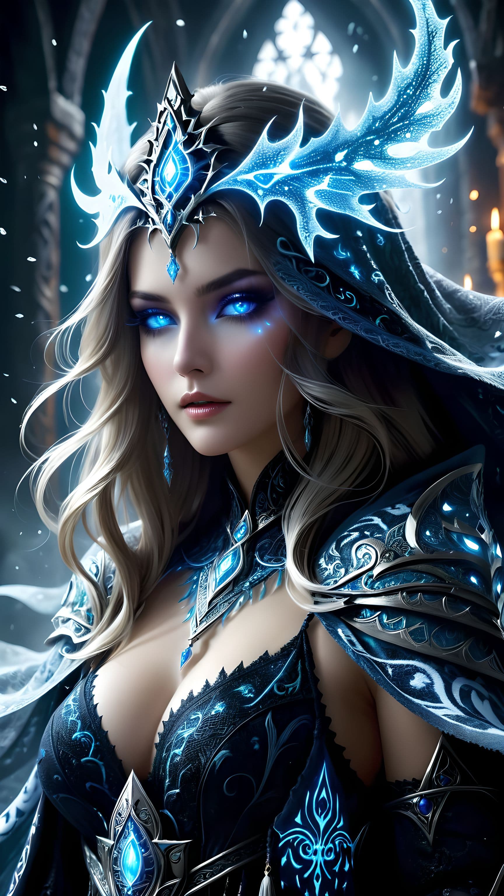 AI generated: pretty adult woman,, A formidable Lich King adorned in ghostly, flowing robes woven from ethereal da...