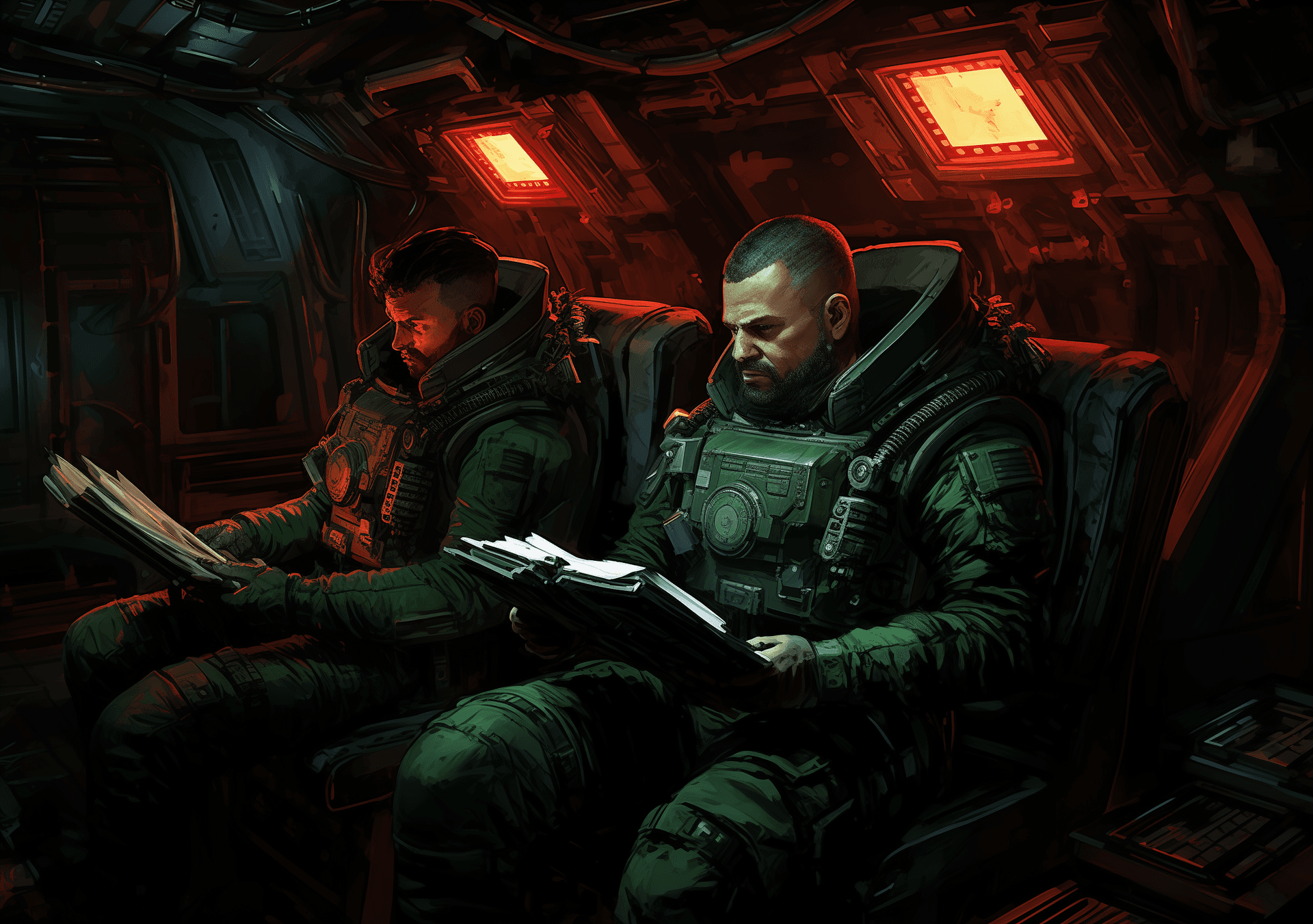 AI generated: Two men in green jumpsuits sitting on chairs and reading documents inside the cockpit of an old sci-...