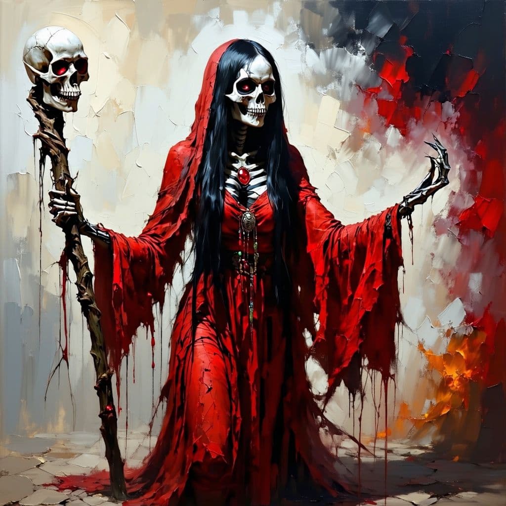 AI generated: An oil painting of a gaunt  Eberron elf priestess with long black straight hair.  She has black eyes...